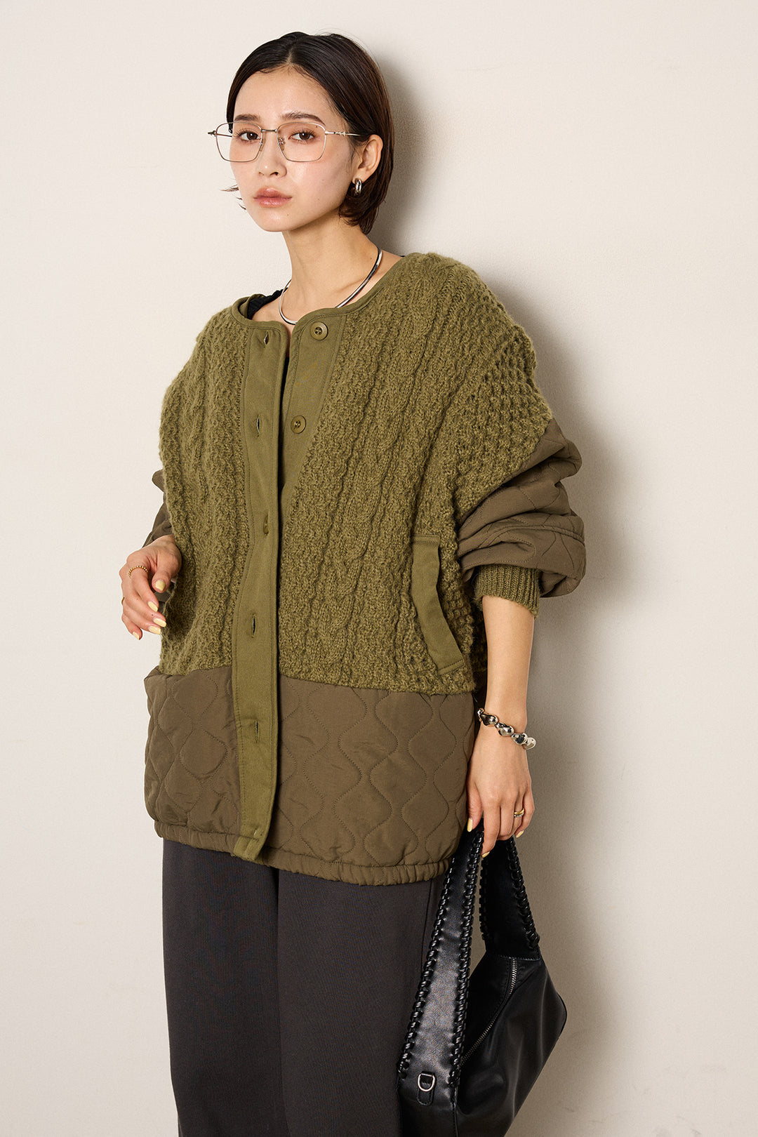 [SET]アラン編みニットノーカラー裾キルティングブルゾン+裏起毛スウェットワイドパンツ(2set)