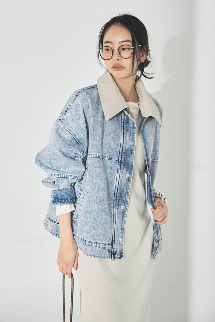 [SET]加工デニムレザー襟付きデニムブルゾン+カットリブレイヤードヘンリーネックワンピース(2set)