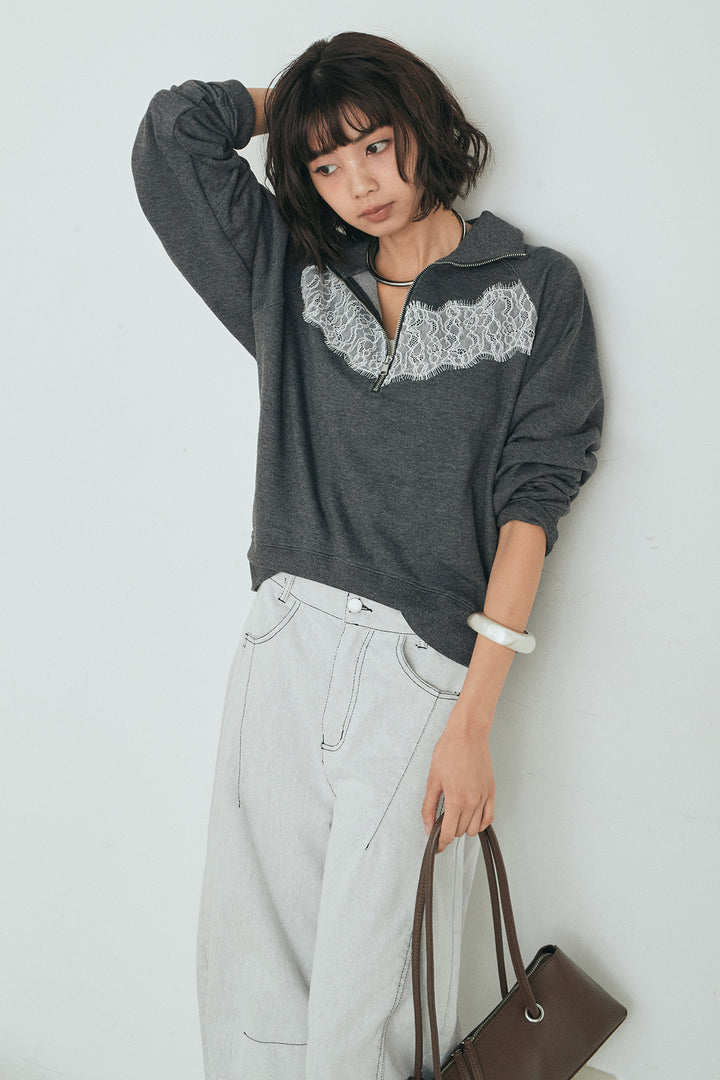 [SET]リバーレースハーフジップ裏毛スウェット+ツイル配色ステッチバレルパンツ(2set)
