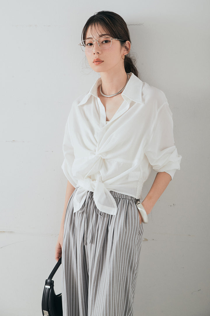 [SET]裾巻きツイストデザインシャツ+レーヨンストライプイージーワイドパンツ(2set)
