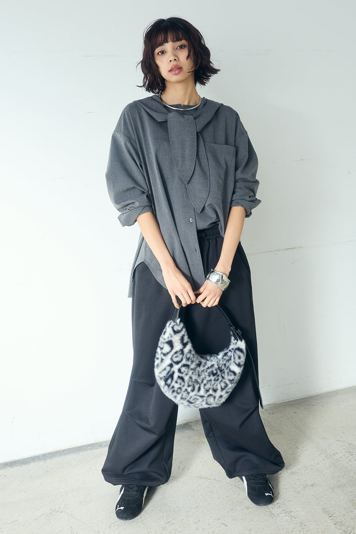 [SET]無地タイ付フーディーBIGシャツ+ランダムタックデザインワイドパンツ(2set)