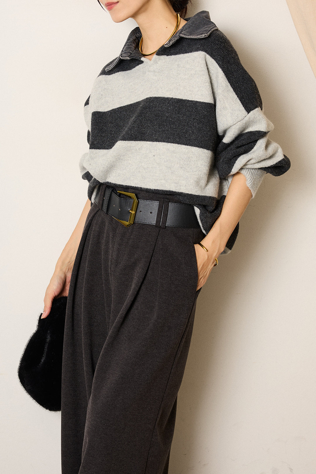 [SET]デニムカラーボーダールーズニット+ゴールドバックル太ベルト付きワイドパンツ(2set)