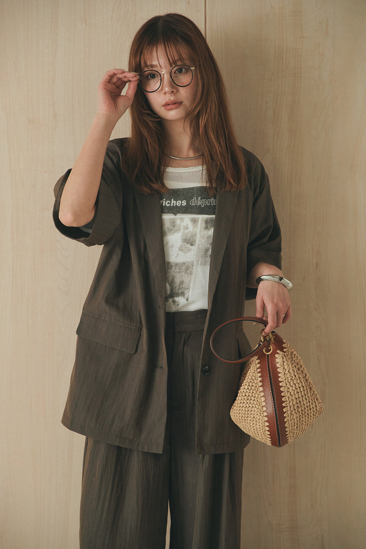 [SET]半袖モノトーングラフィックトップス+リネンライク2タックワイドパンツ(2set)