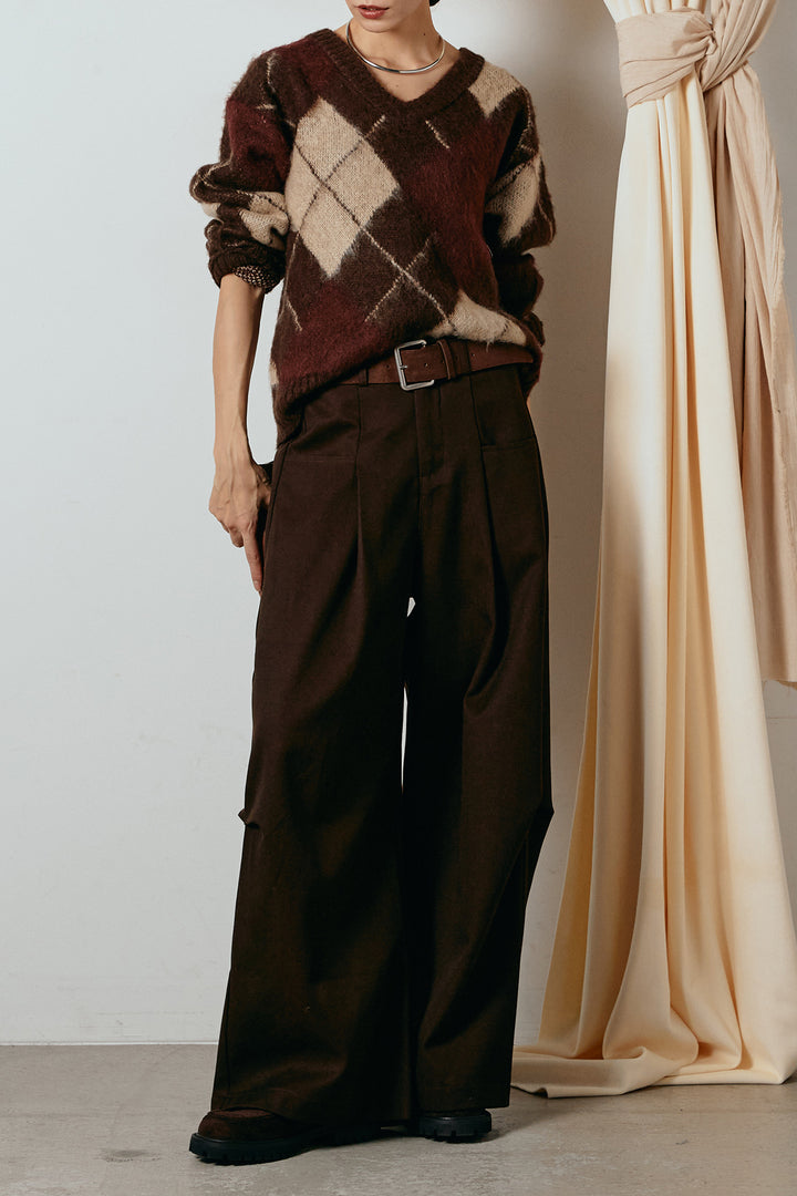 [SET]アクリルモヘアアーガイルVネックプルオーバー+太ベルト付きタックデザインワイドパンツ(2set)