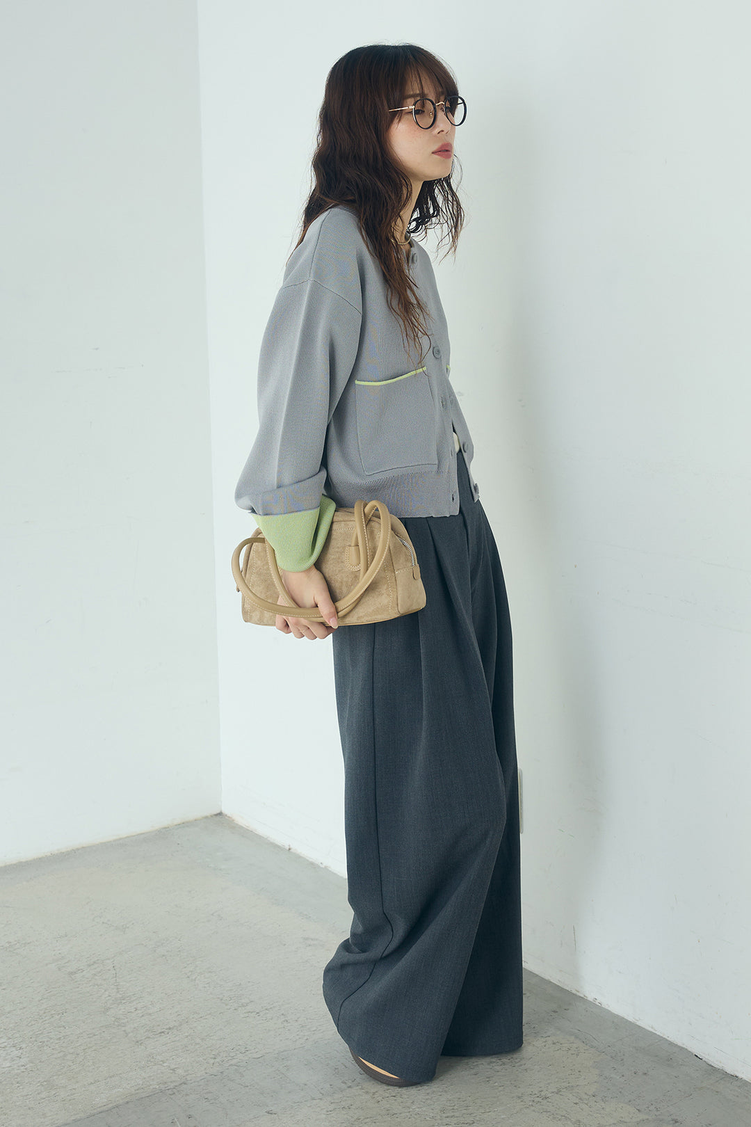 [SET]レーヨンポリダブルフェイスカーディガン+サイドベルトタック入りスラックス(2set)