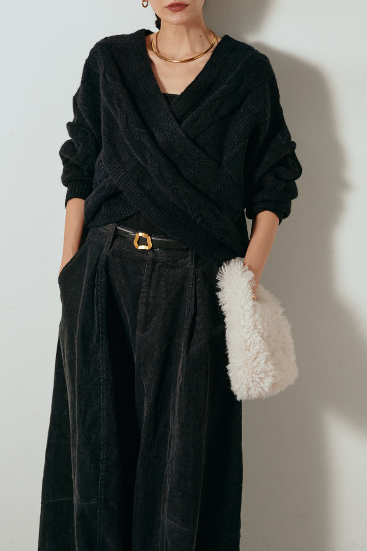 [SET]ケーブルカシュクールニットトップス+タック入りコーデュロイワイドパンツ(2set)