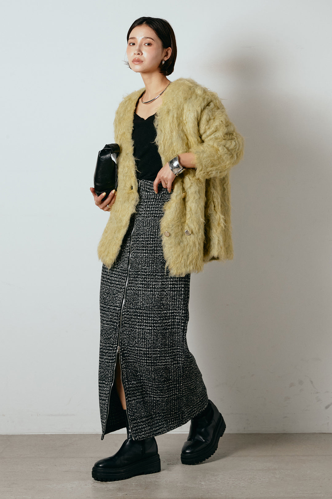 [SET]ウェーブシャギーニットジャケット+グレンチェック柄フロントジップタイトスカート(2set)