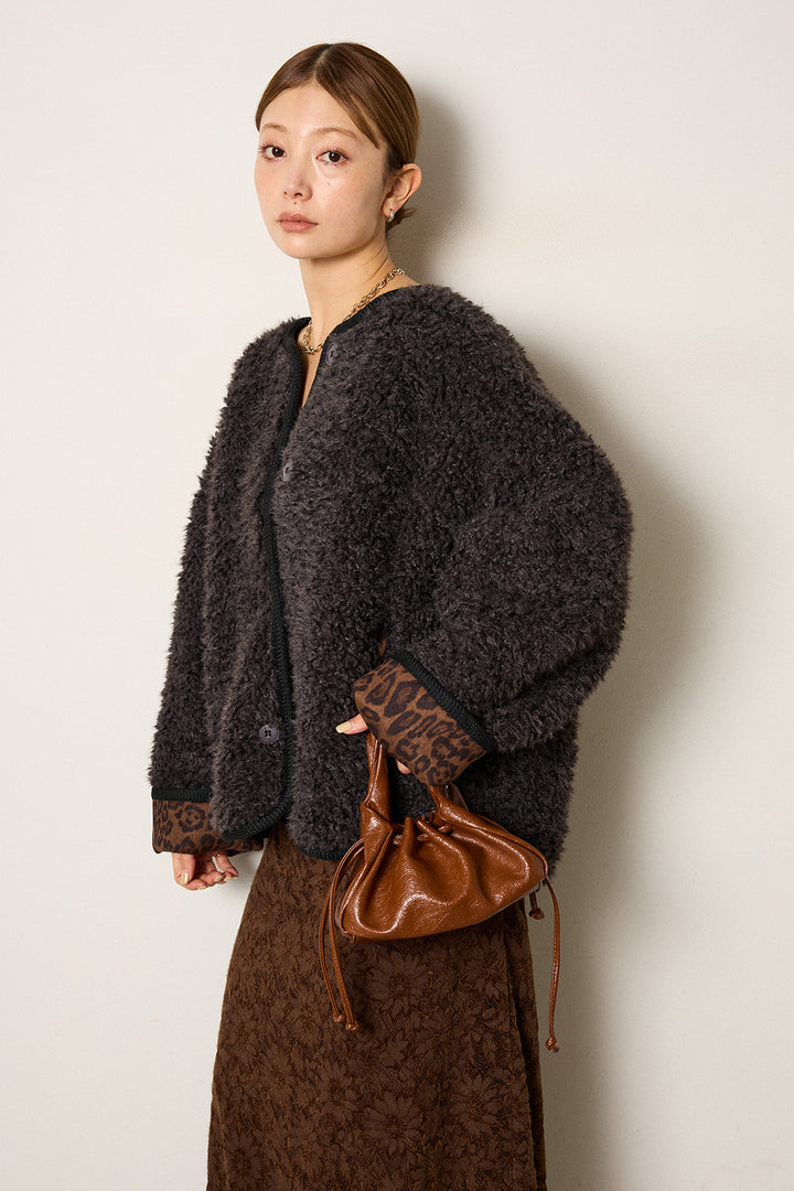 [SET]ノーカラー裏地レオパードボアアウター+花柄刺繍ベロアフレアスカート(2set)