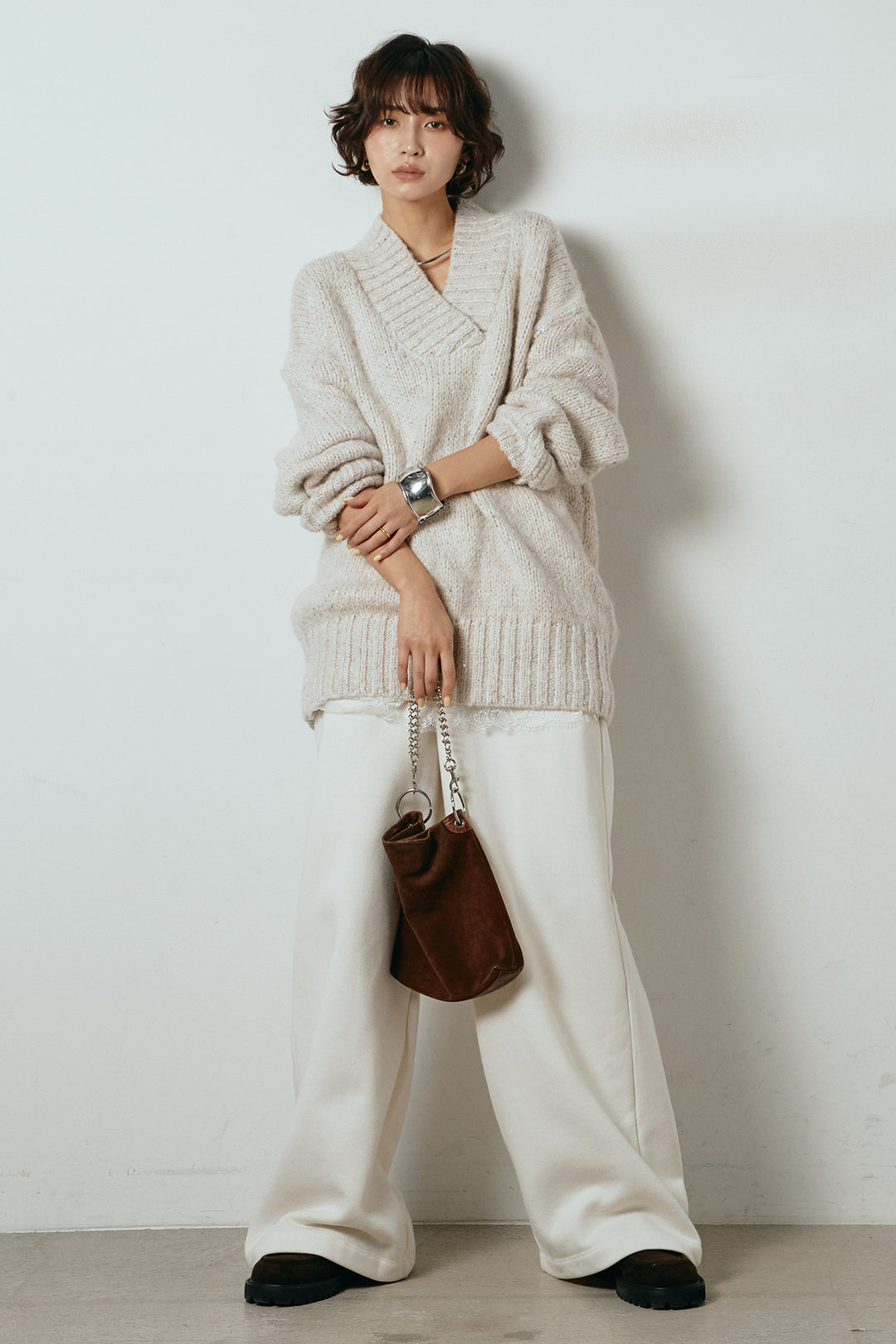 [SET]Vネックラメニットトップス+レース切り替えキャミソール(2set)