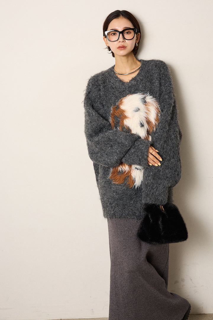 [SET]シャギーニュアンスアニマルニット+リブナローニットスカート(2set)