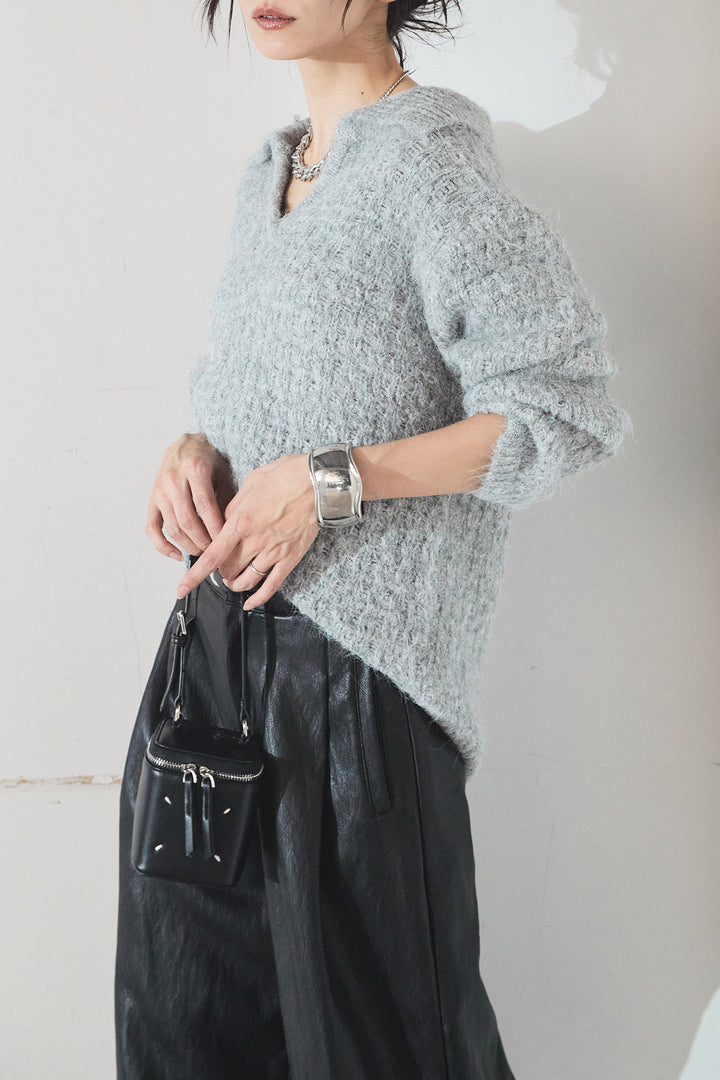 [SET]襟付きVネックニットトップス+ベルト付きレザーライクタックパンツ(2set)