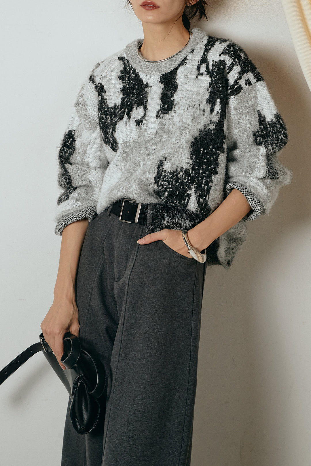 [SET]起毛ニュアンス柄ニットプルオーバー+ファーベルト付きワイドパンツ(2set)