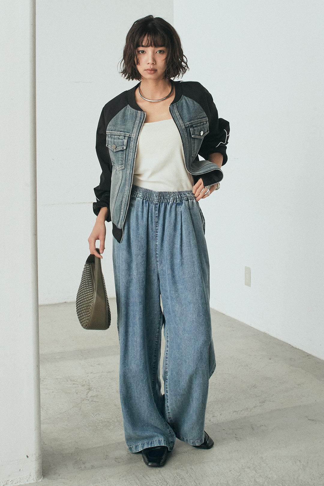 [SET]ナイロンデニムドッキングブルゾン+テンセルデニムイージーワイドパンツ(2set)