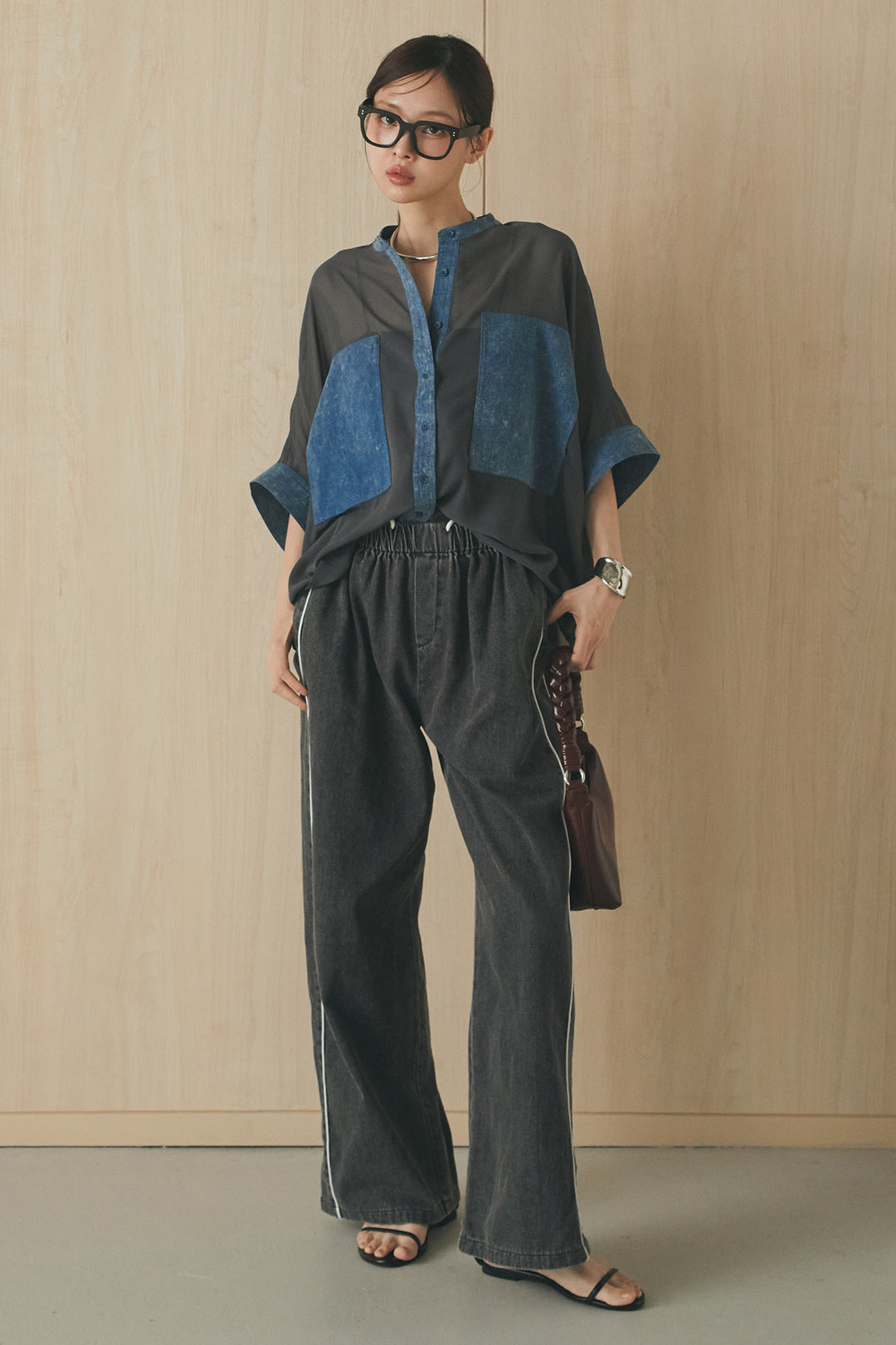 [SET]デニムライクビッグツーポケシアーシャツ+ドロストサイドラインデニムパンツ(2set)