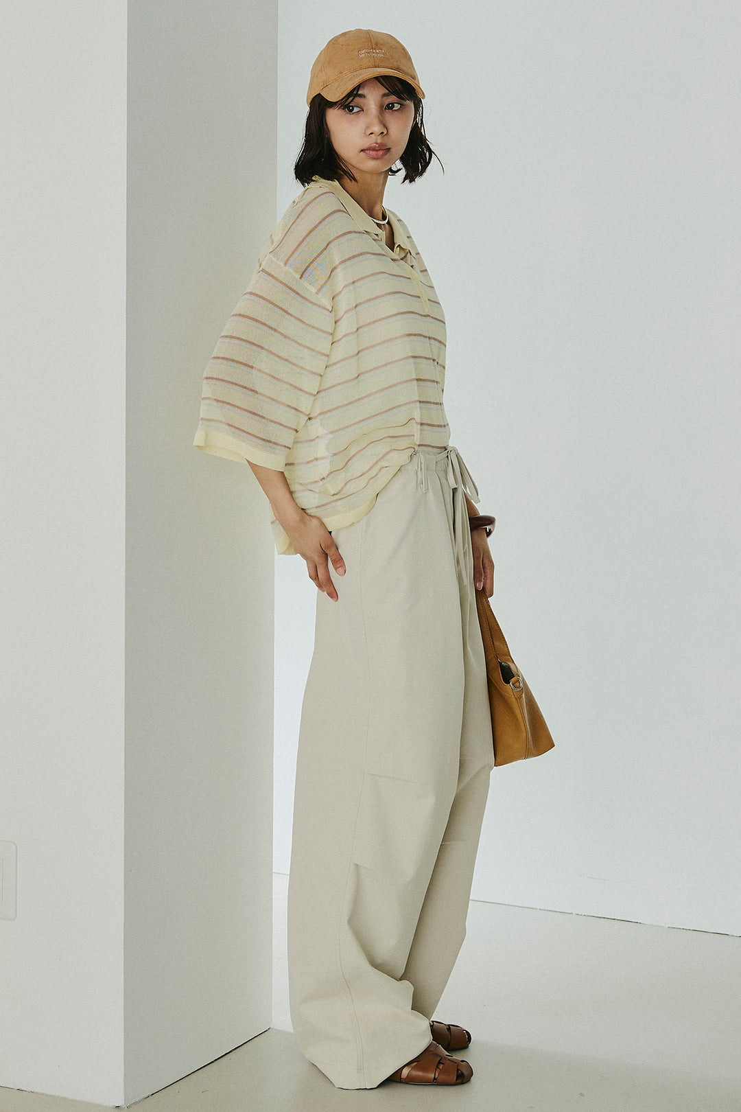 [SET]ボーダーニットポロシャツ+ニーサイドタックウエストドロスパンツ(2set)