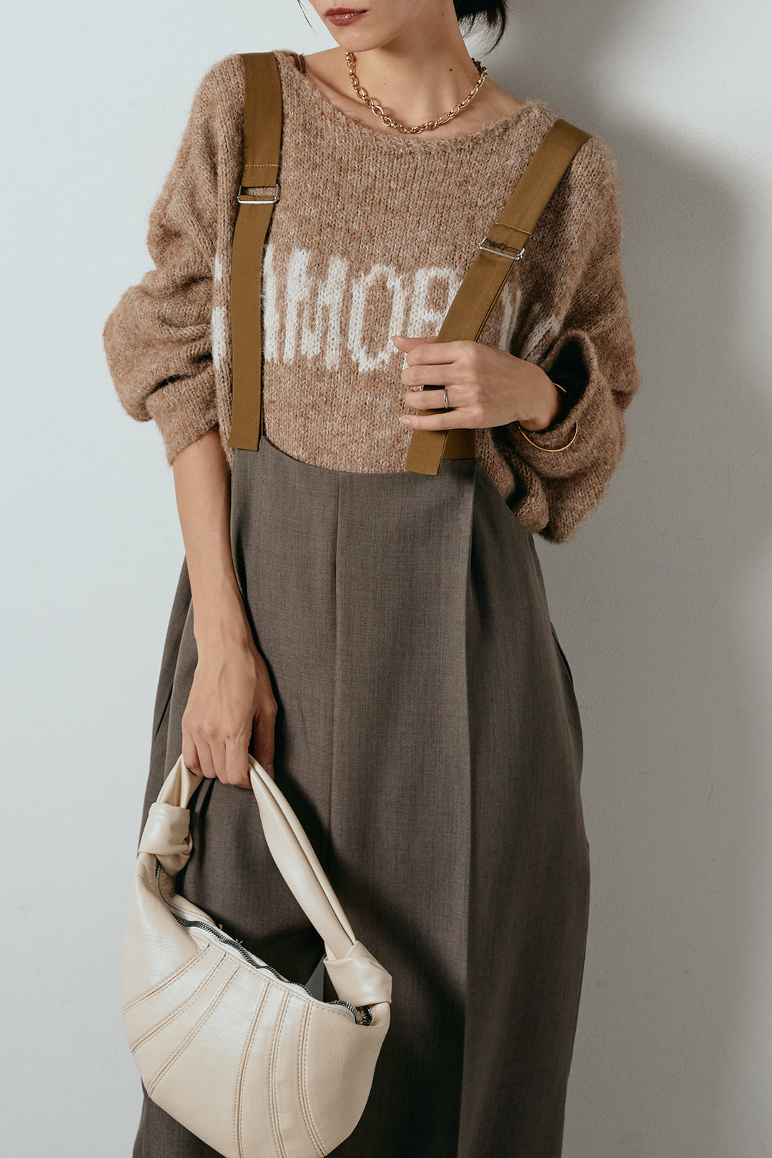 [SET]フロントロゴデザインニットトップス+ワイドツイルサロペット(2set)