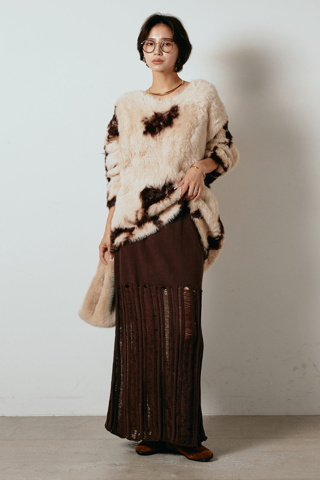 [SET]タイダイ柄シャギーニットトップス+裾シアーリブスカート(2set)