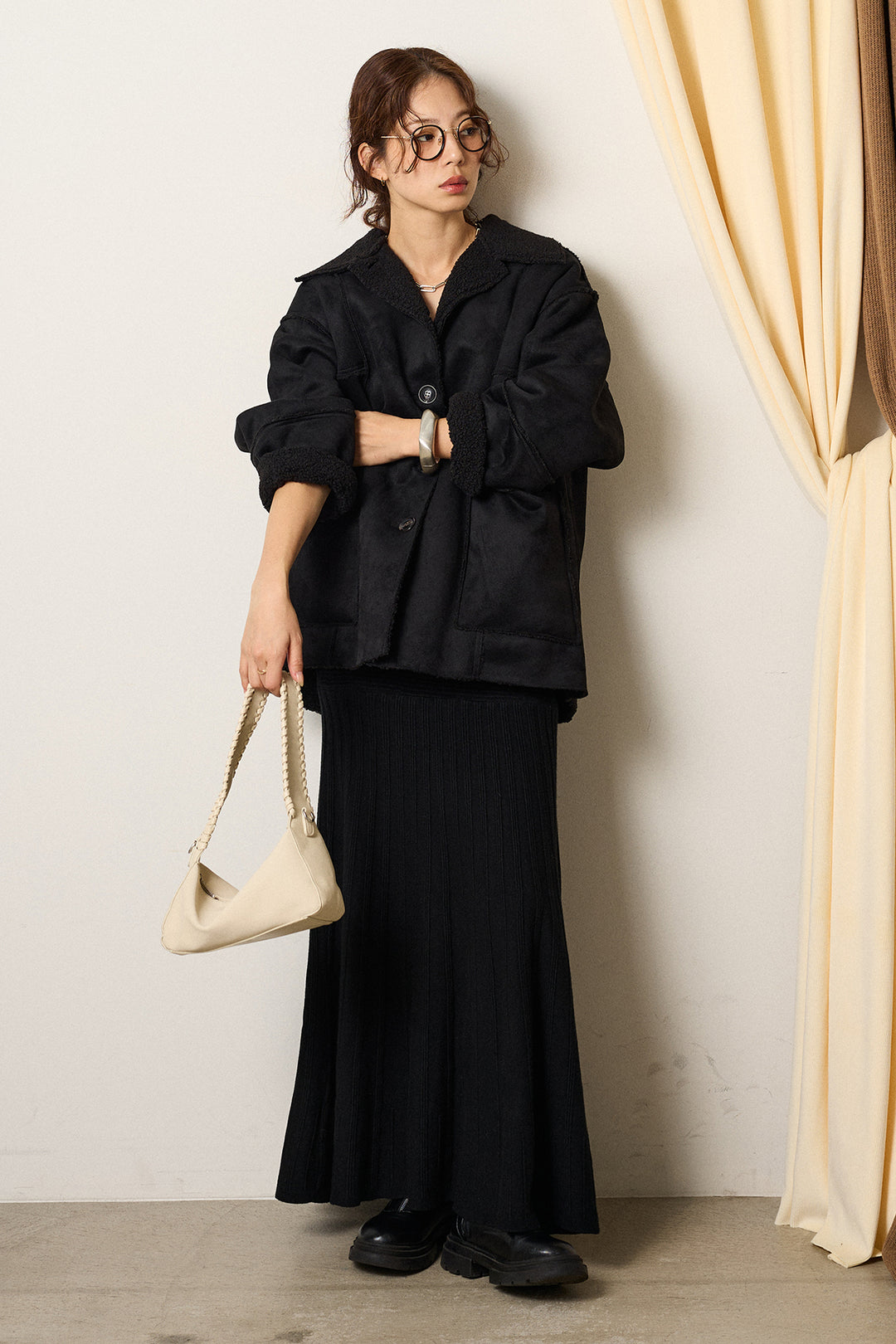 [SET]エコムートンカバーオール+編み地切り替えフレアニットスカート(2set)