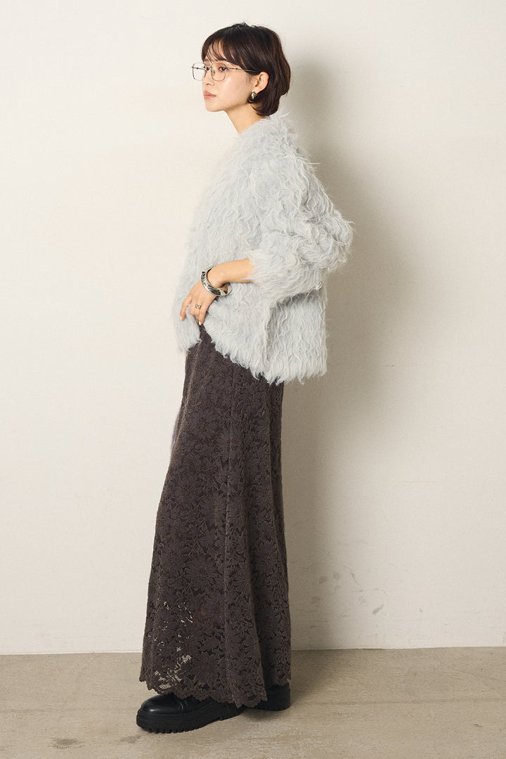 [SET]起毛シャギーニットカーディガン+花柄刺繍ベロアフレアスカート(2set)