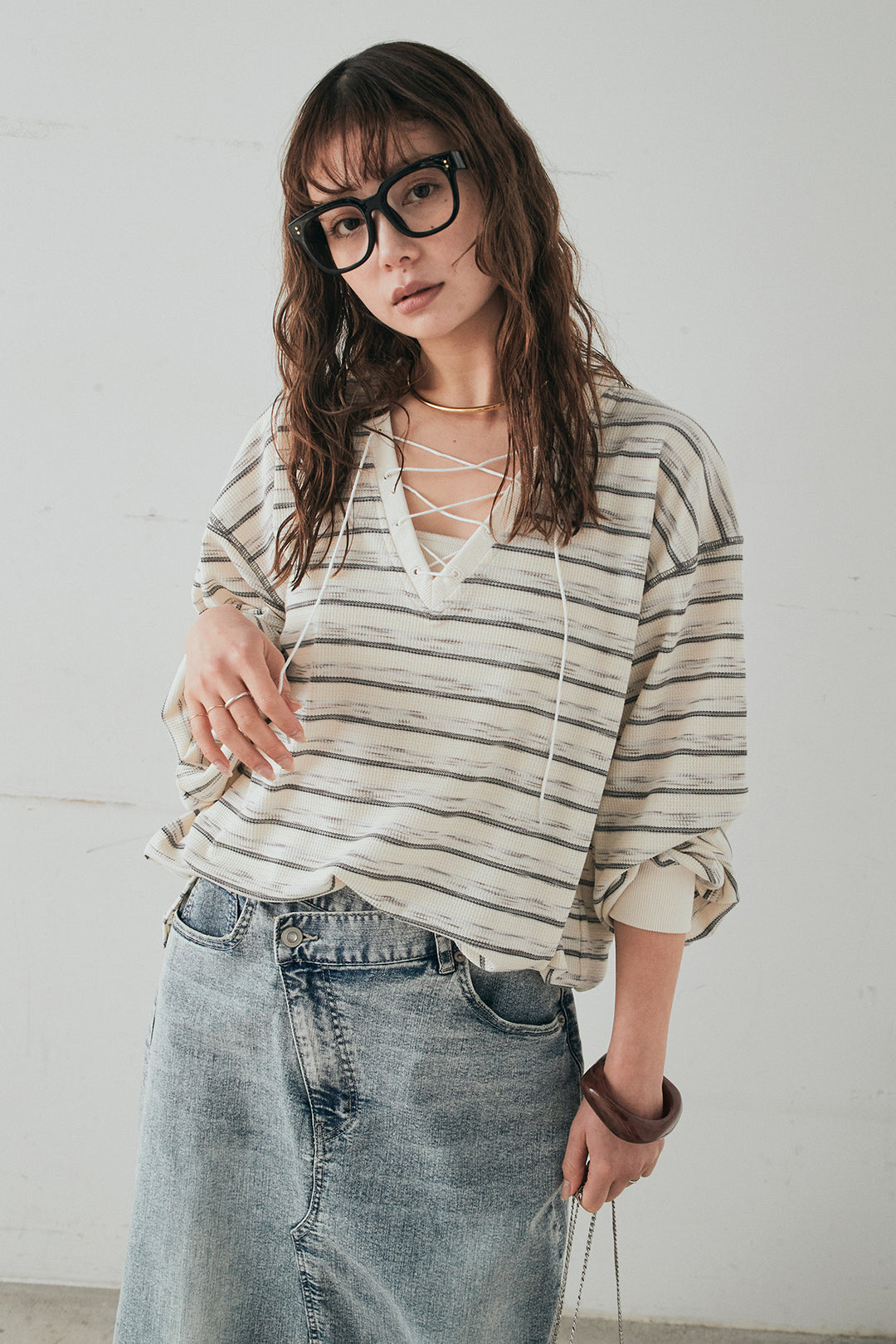 [SET]レースアップワッフルボーダートップス+ウエストクロスデニムタイトスカート(2set)