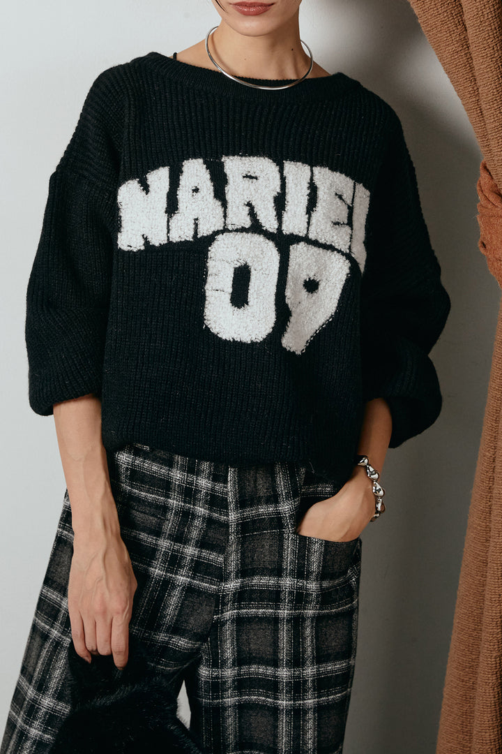 [SET]ロゴジャガードニットトップス+ルーズタータンチェックワイドパンツ(2set)