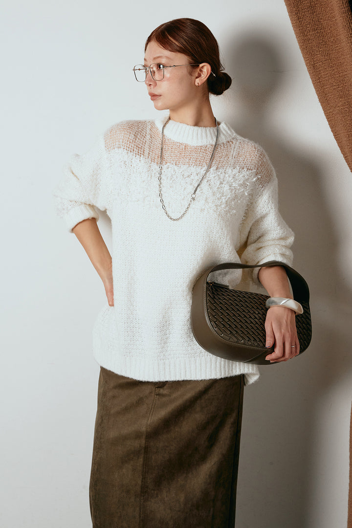 [SET]パターンランダム編みニットトップス+スウェードライク裾フリンジスカート(2set)