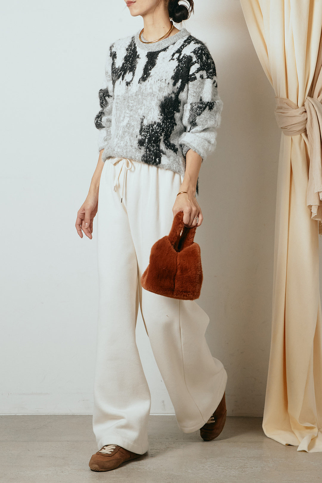 [SET]起毛ニュアンス柄ニットプルオーバー+裏起毛スウェットワイドパンツ(2set)