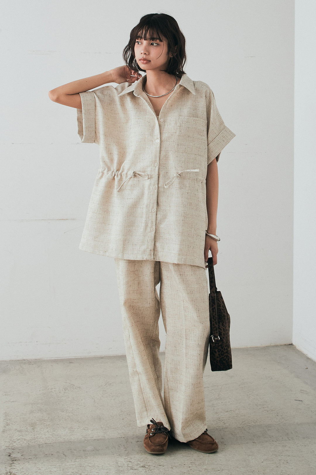 [SET]ツイードウエストドロストシャツ+ツイードタックパンツ(2set)