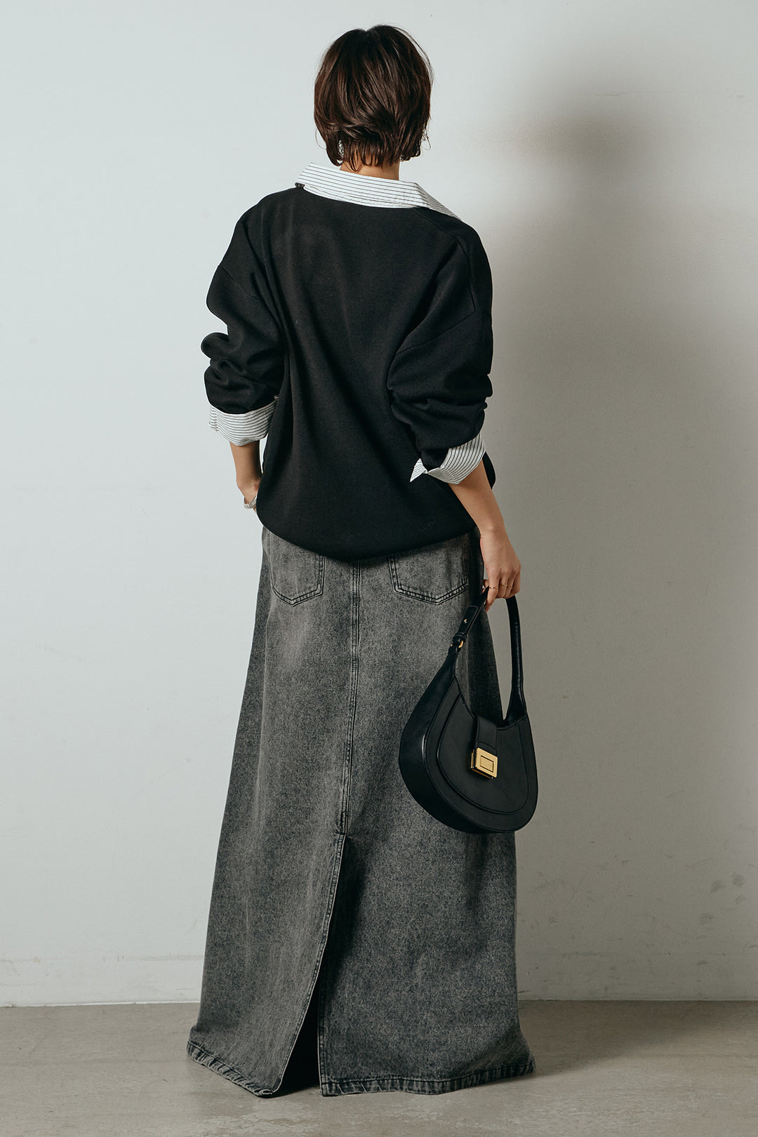 [SET]ストライプシャツドッキングポロトップス+デニムロングフレアスカート(2set)