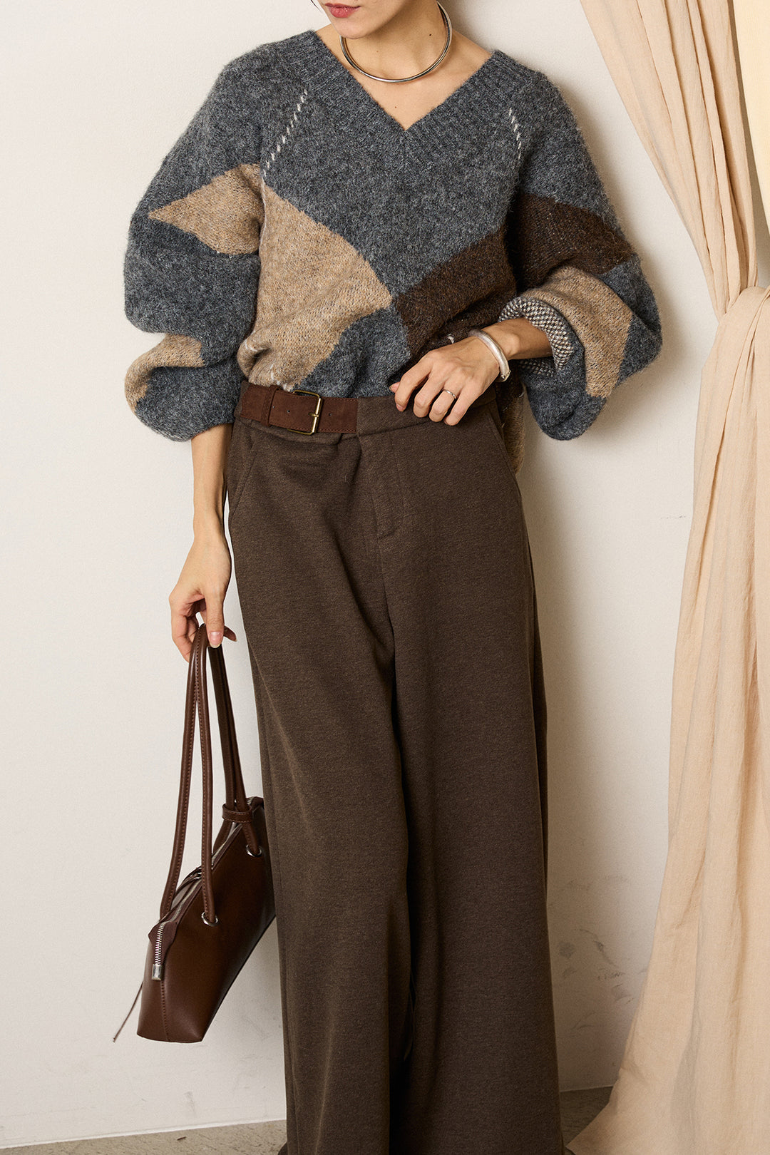 [SET]ルーズアーガイルVネックニット+サイドベルトパンツ(2set)