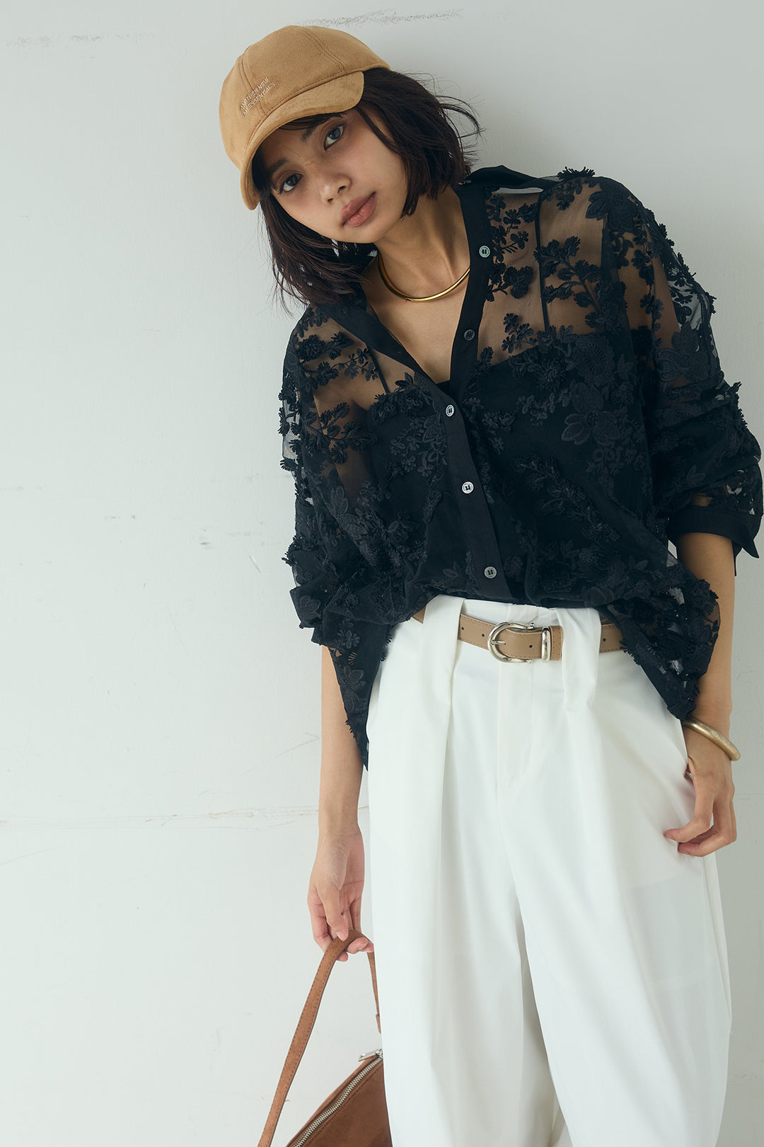 [SET]立体フラワー刺繍レースシャツ+ベルトループデザインハイウエストタックパンツ(2set)