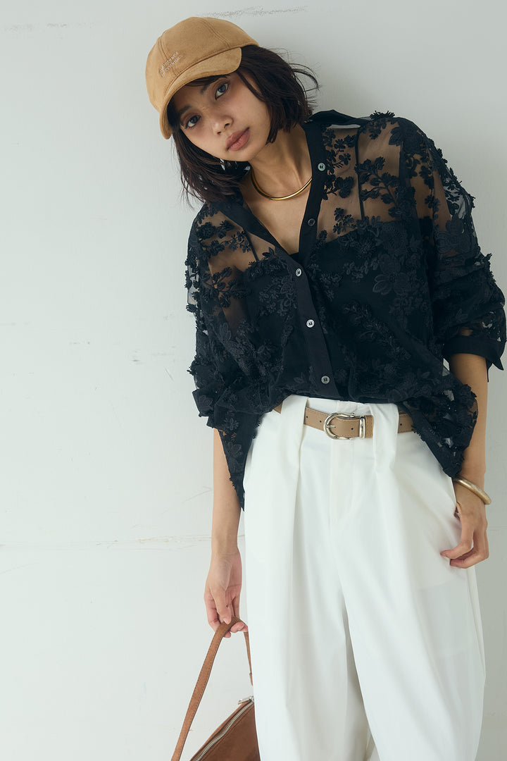 [SET]立体フラワー刺繍レースシャツ+ベルトループデザインハイウエストタックパンツ(2set)