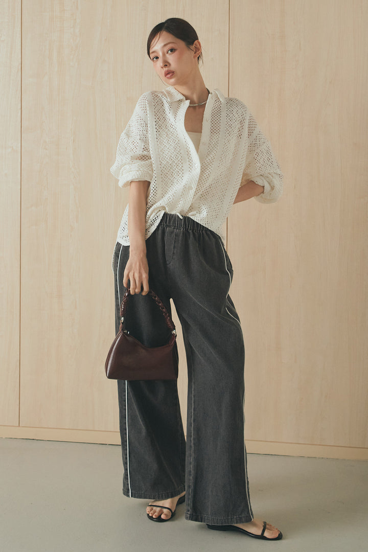 [SET]長袖襟付きレースシャツ+ドロストサイドラインデニムパンツ(2set)