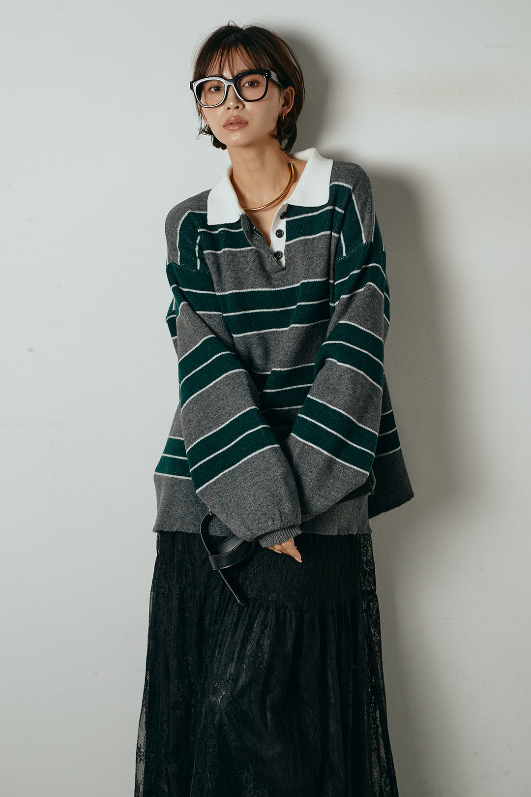 [SET]ラガーニットボーダーポロプルオーバー+ひげレース切替ロング丈スカート(2set)