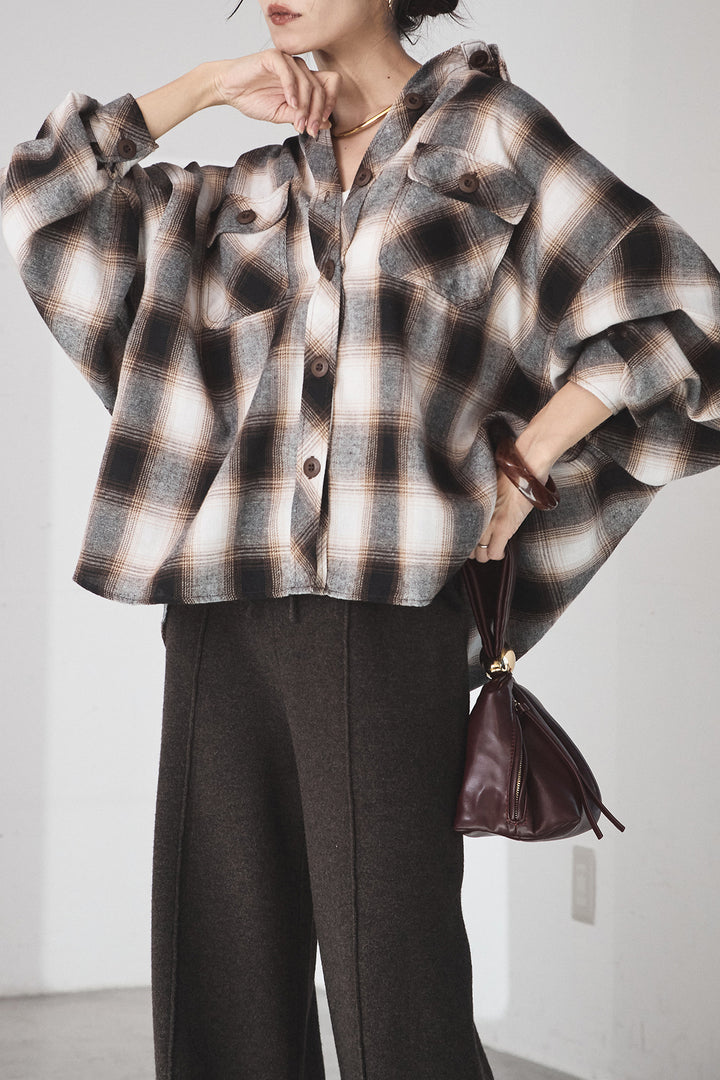 [SET]オンブレーチェックビッグシルエットCPOシャツ+センターラインニットパンツ(2set)