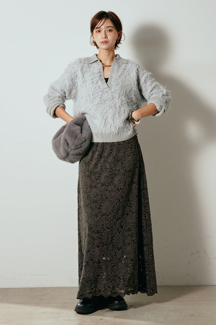 [SET]襟付きシャギーニットポロトップス+花柄刺繍ベロアフレアスカート(2set)