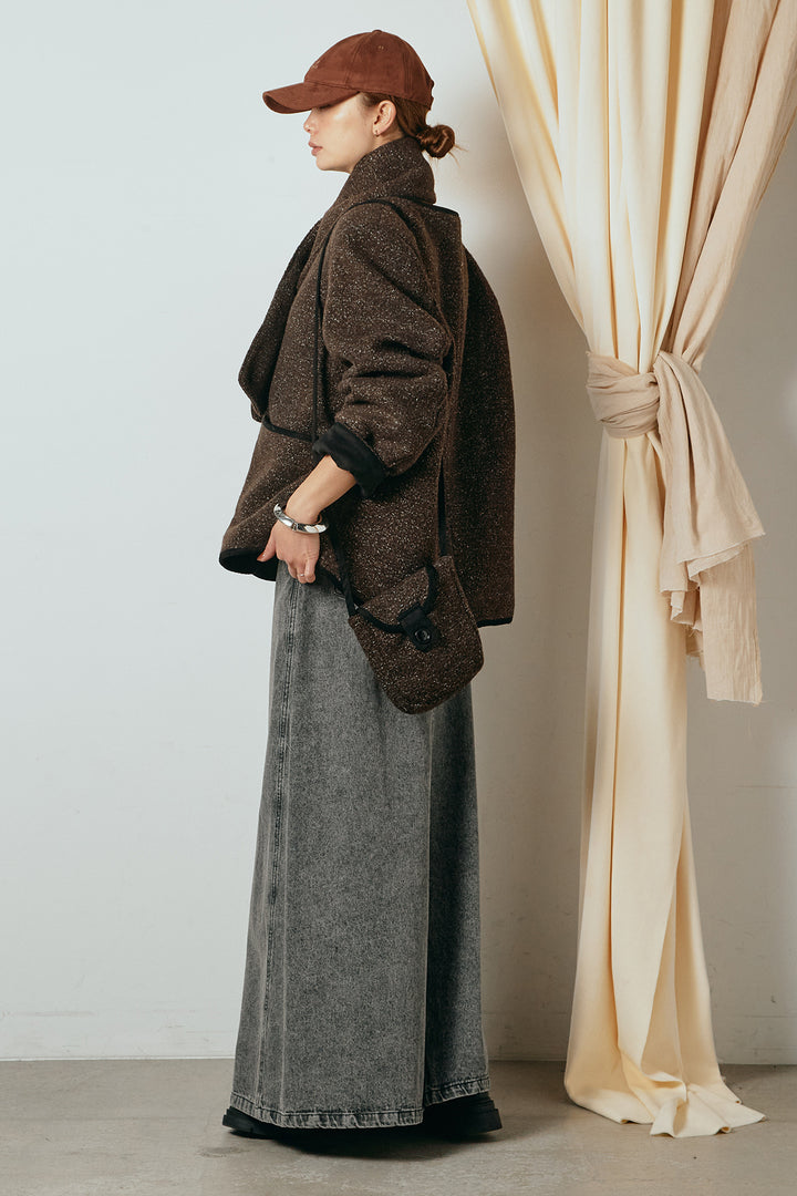 [SET]ノーカラーマフラーバッグ付きアウター+デニムロングフレアスカート(2set)