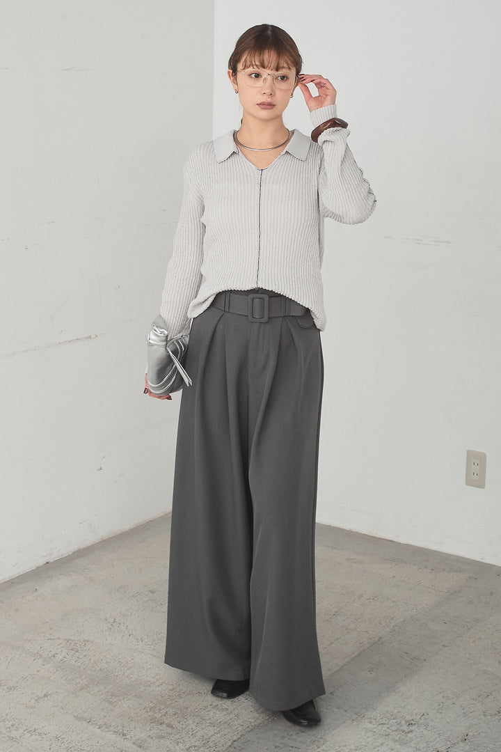 [SET]衿付きニットプルオーバー+ベルト付きツータックワイドパンツ(2set)