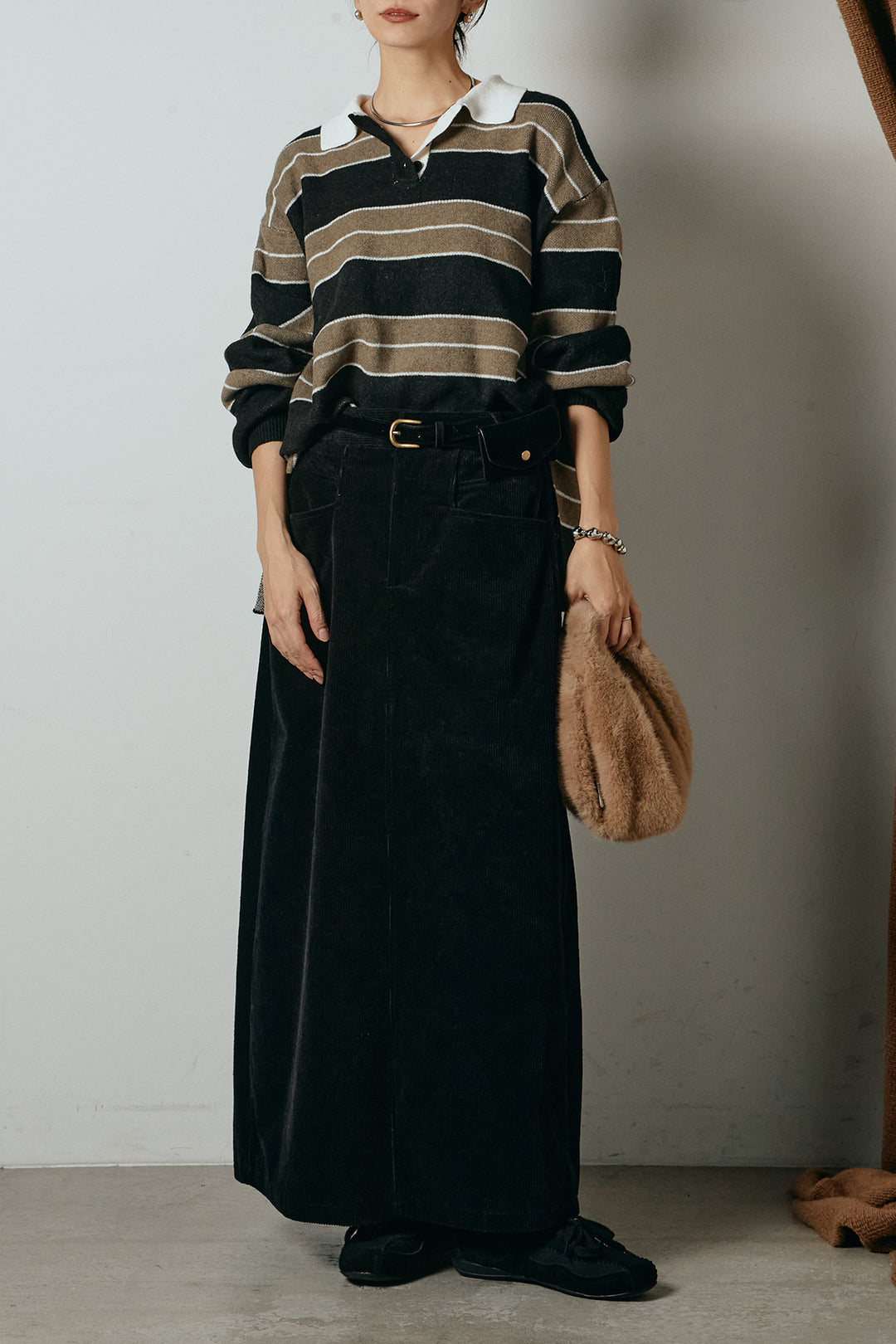 [SET]ラガーニットボーダーポロプルオーバー+ポーチベルト付きコーデュロイワイドスカート(2set)