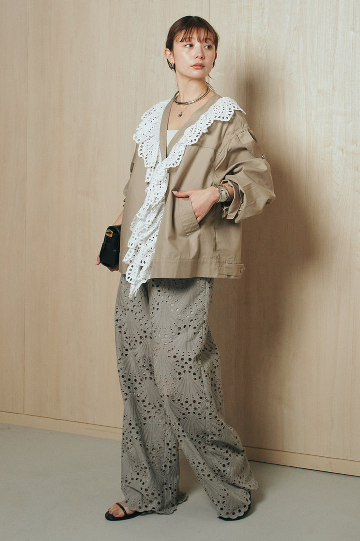 [SET]レースフリルドッキングアウター+レース刺繍リラックスパンツ(2set)