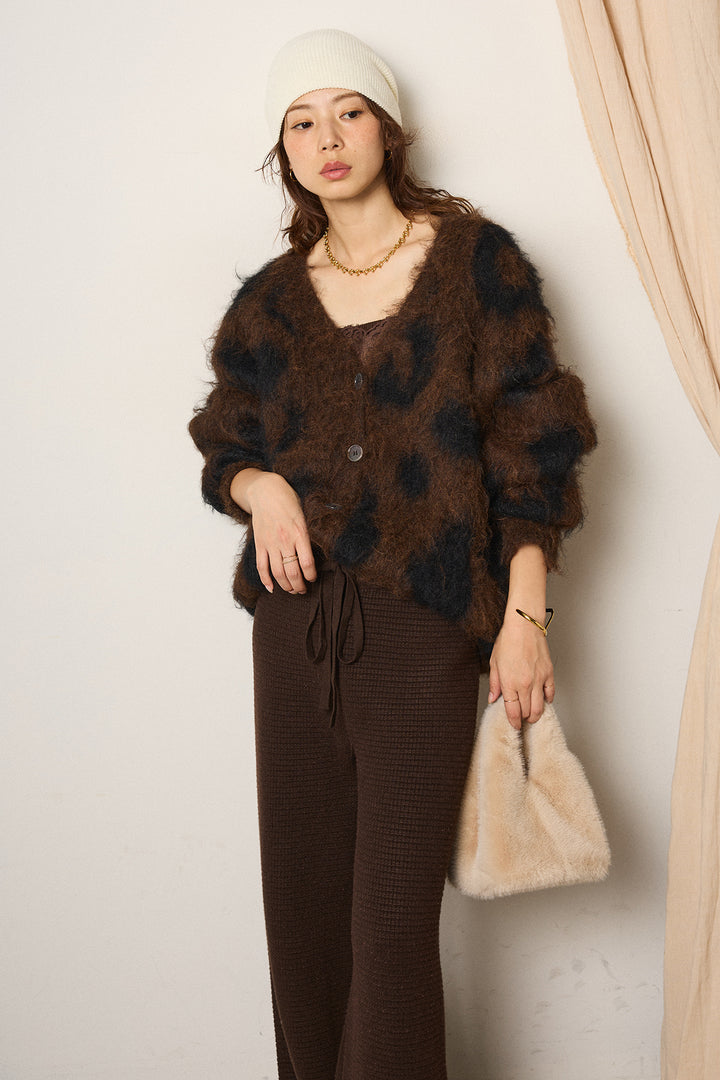 [SET]レオパードシャギータッチカーディガン+レースサテンキャミソール+ワイドリブニットイージーパンツ(3set)