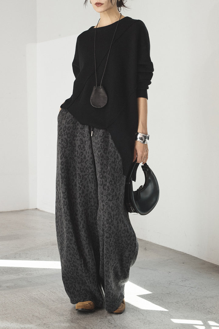 [SET]アシンメトリーデザインニットトップス+リラックスレオパード柄ワイドパンツ(2set)