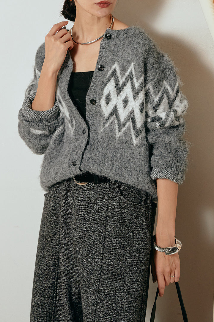 [SET]起毛ノルディック柄ニットカーディガン+太ベルト付きツイードワイドパンツ(2set)