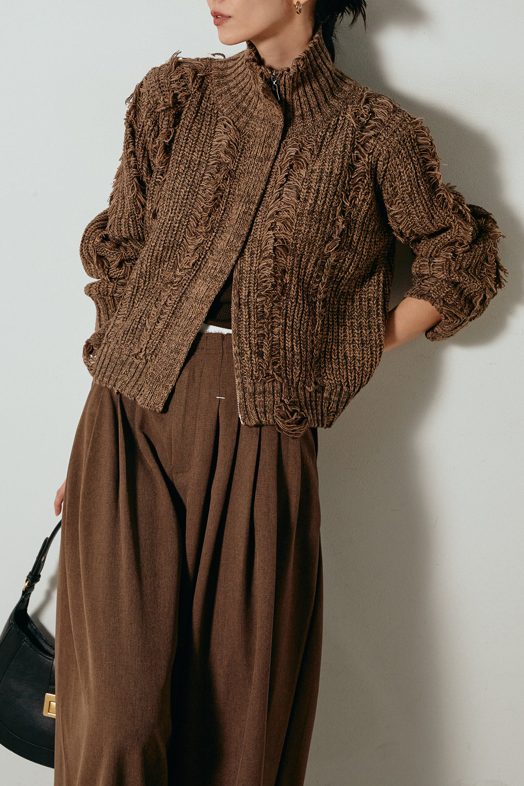 [SET]ハイネックフリンジジップニットトップス+ウエストステッチデザインワイドスラックス(2set)