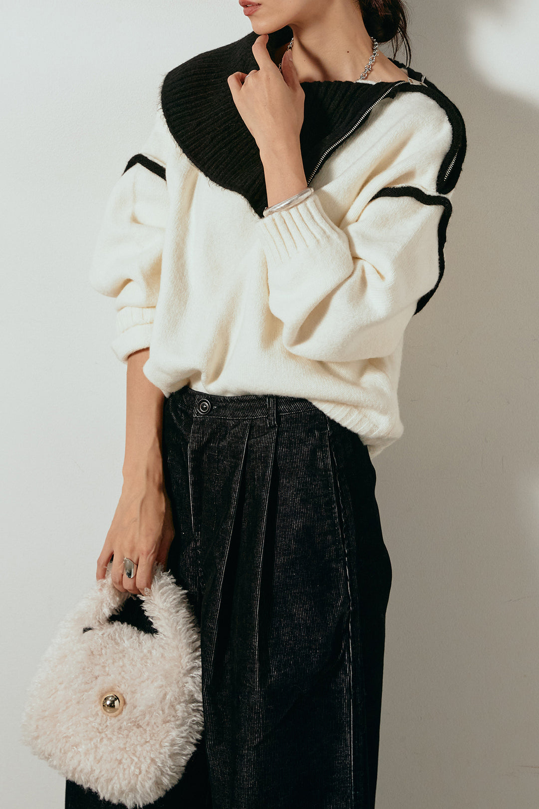 [SET]ハイネックジップデザインニットトップス+フロントタック入りコーデュロイパンツ(2set)