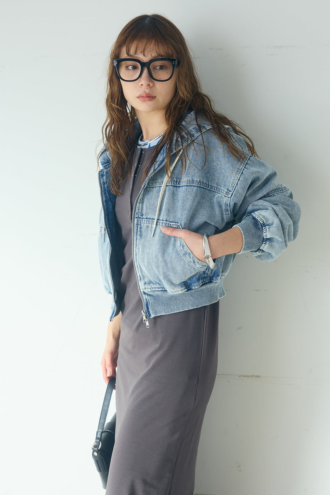 [SET]デニムダブルジップパーカーブルゾン+レイヤード見えヘンリーネックロングワンピース(2set)