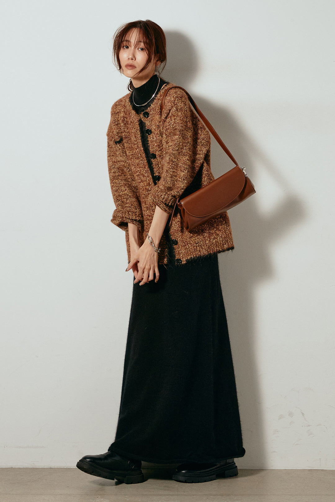 [SET]ミックスニットポケットカーディガン+ノースリーブニットロングワンピース(2set)