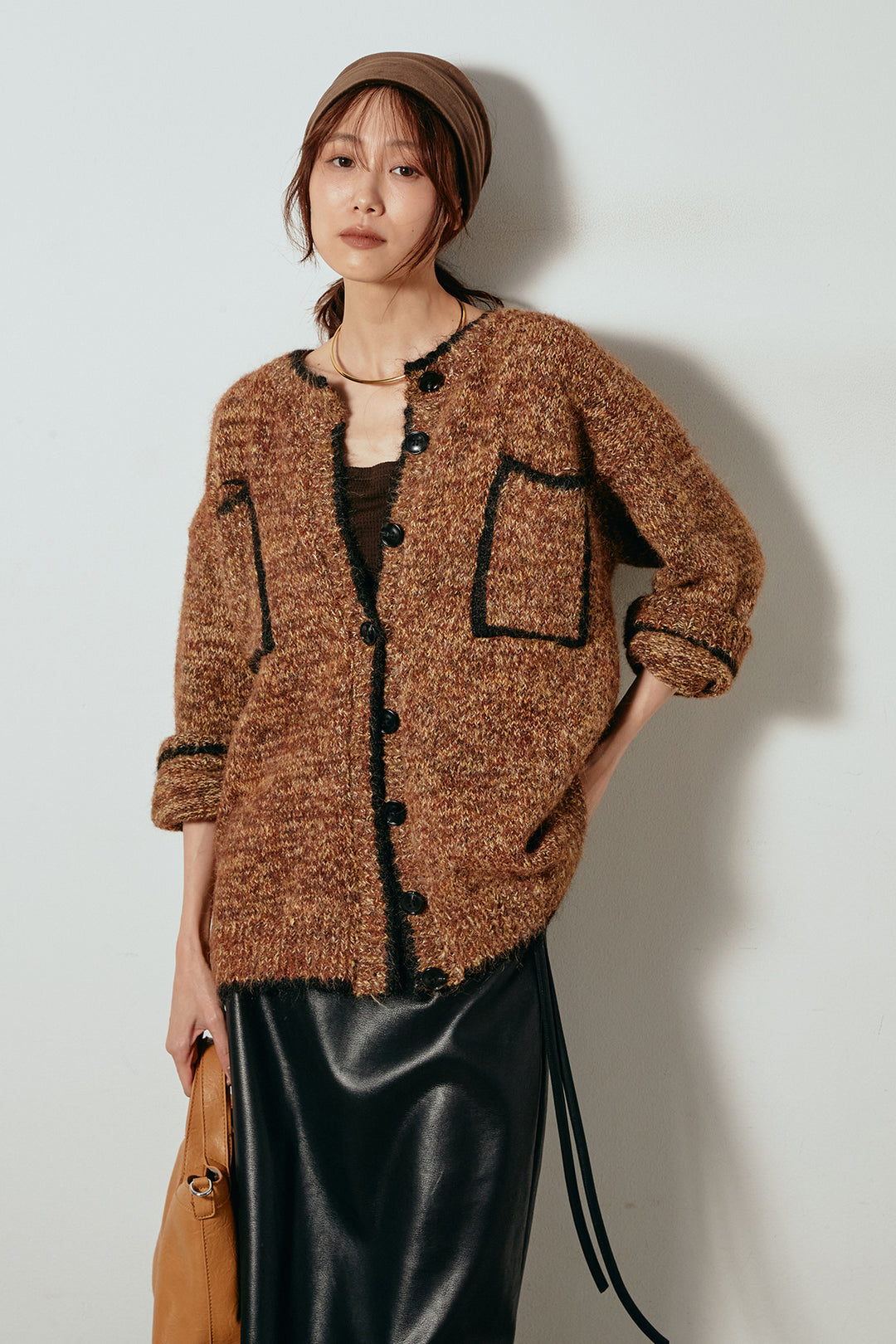 [SET]ミックスニットポケットカーディガン+紐付きフェイクレザーワイドスカート(2set)