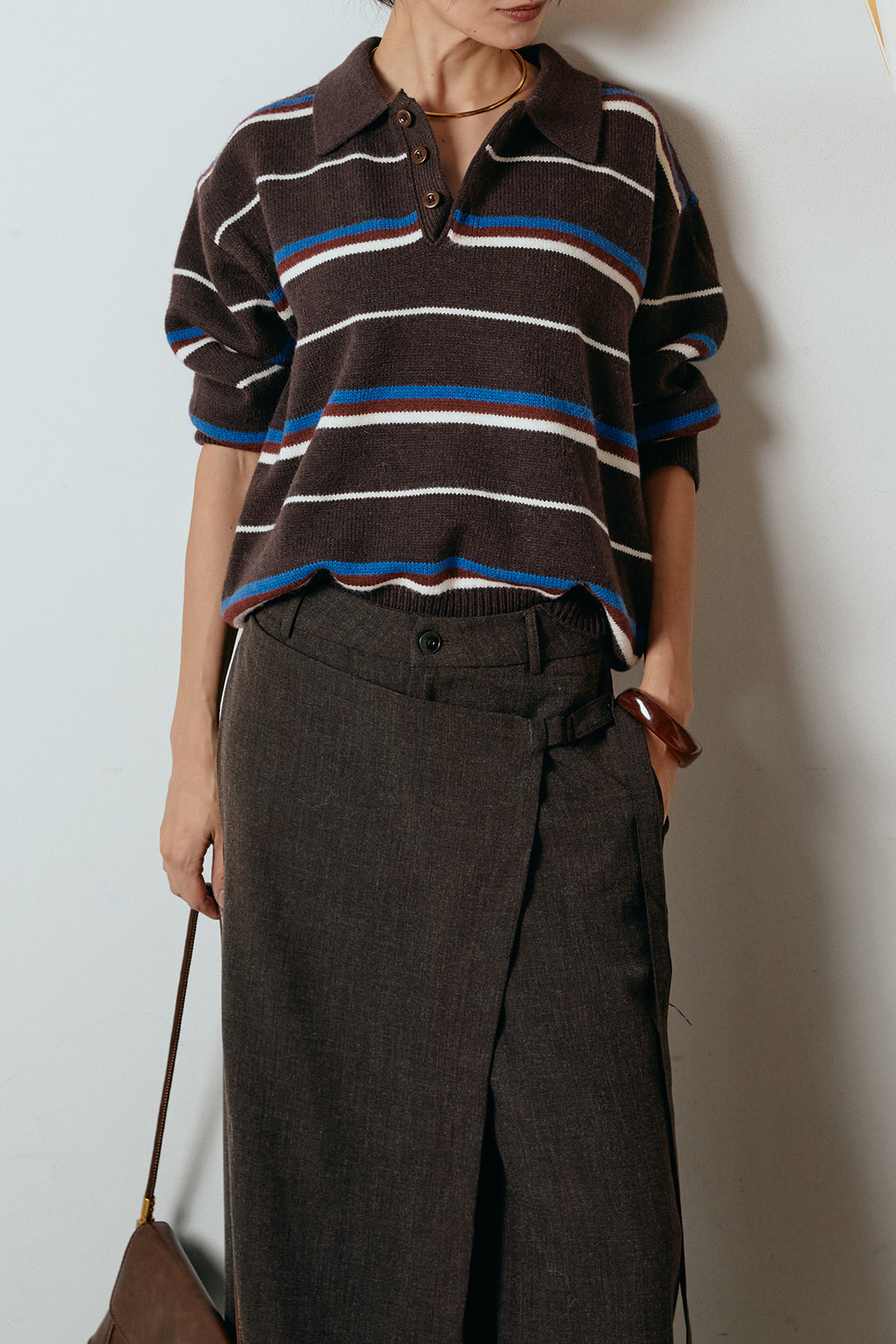 [SET]襟付きマルチボーダーニットポロトップス+ラップ巻きワイドスラックス(2set)