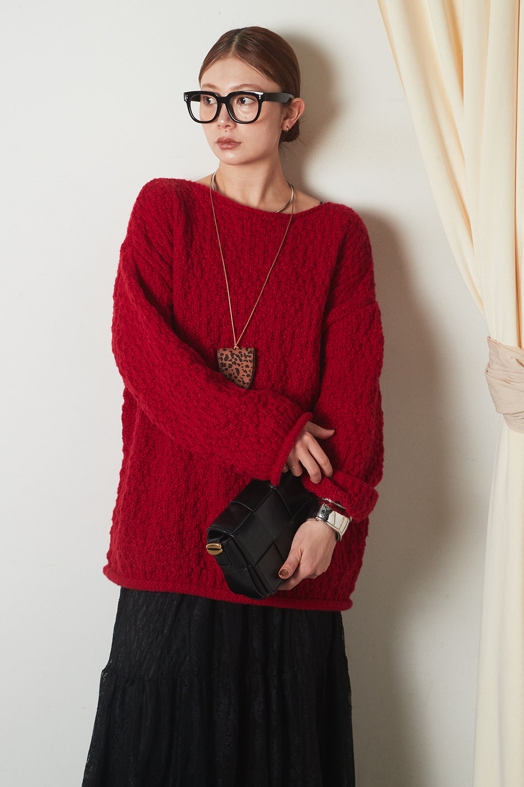 [SET]ボリューム編みニットプルオーバー+ひげレース切替ロング丈スカート(2set)